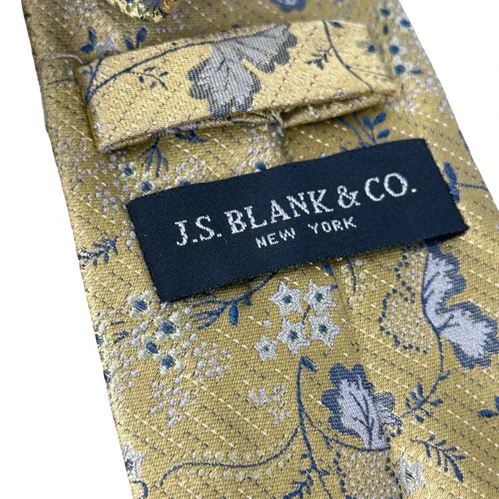 JS Blank & Co New York 100% Silk Floral Necktie Neck Tie Gray Yellow 3